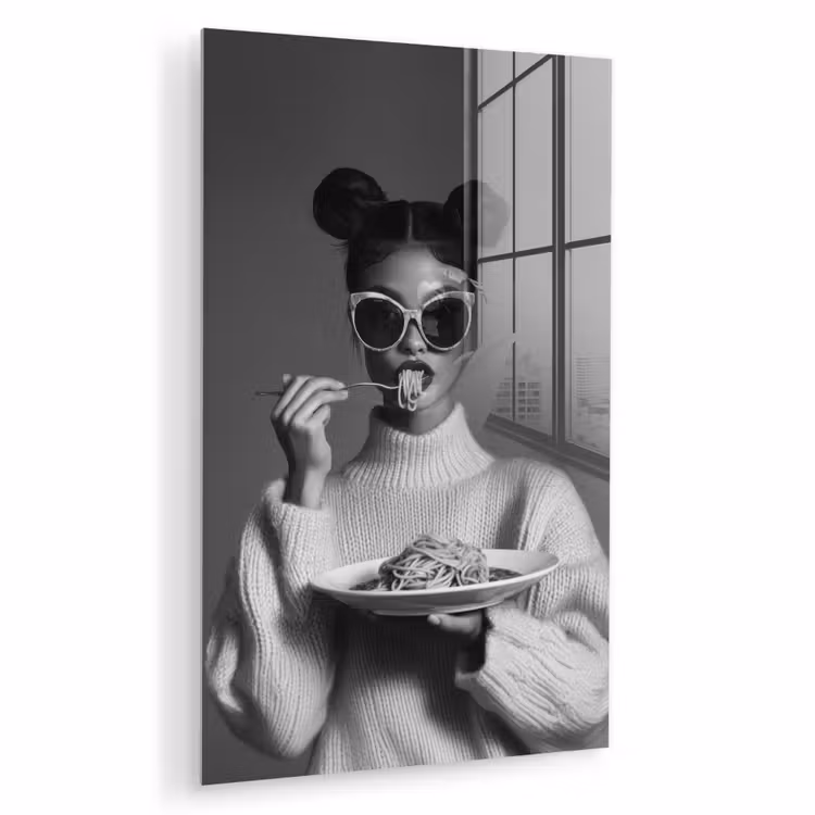 Glas schilderij - Vrouw - Pasta - Zonnebril — 1