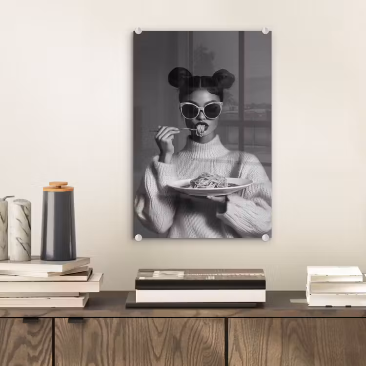 Glas schilderij - Vrouw - Pasta - Zonnebril — 2