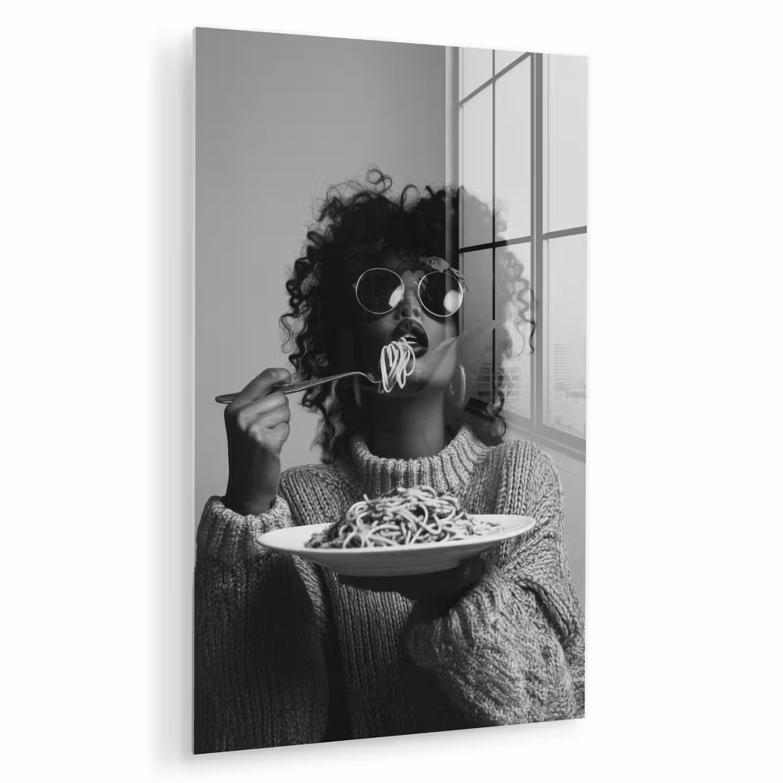 Glas schilderij - Vrouw - Pasta - Zwart - Wit — 1