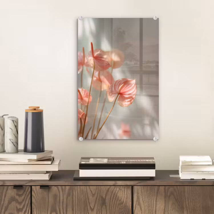 Glas schilderij - Bloemen - Stelen - Roze - Schaduw — 2