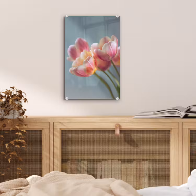 Glas schilderij - Tulpen - Roze - Stelen — 5