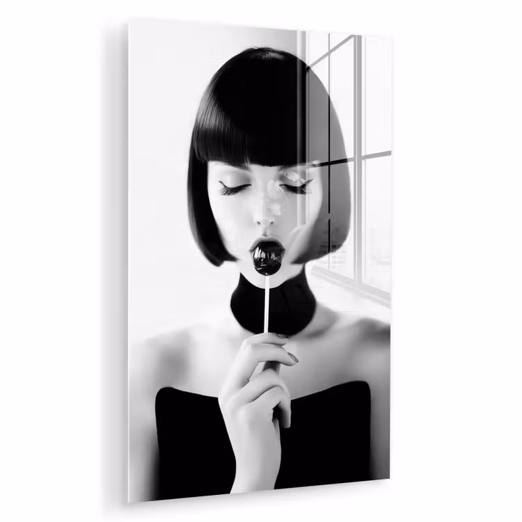 Glas schilderij - Vrouw - Lolly - Zwart - Wit — 1