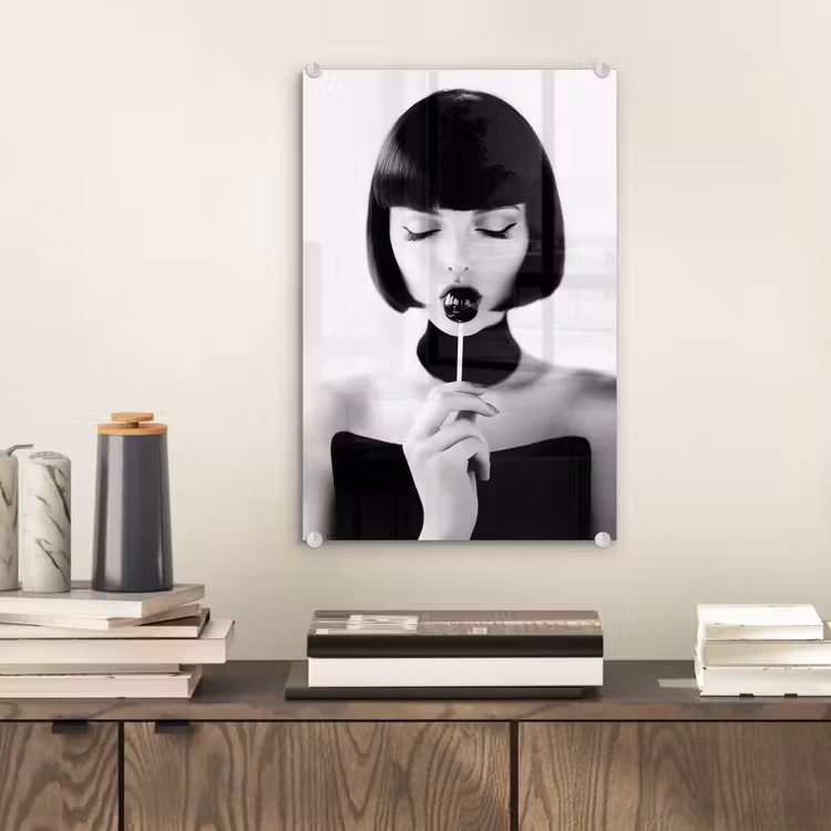 Glas schilderij - Vrouw - Lolly - Zwart - Wit — 2