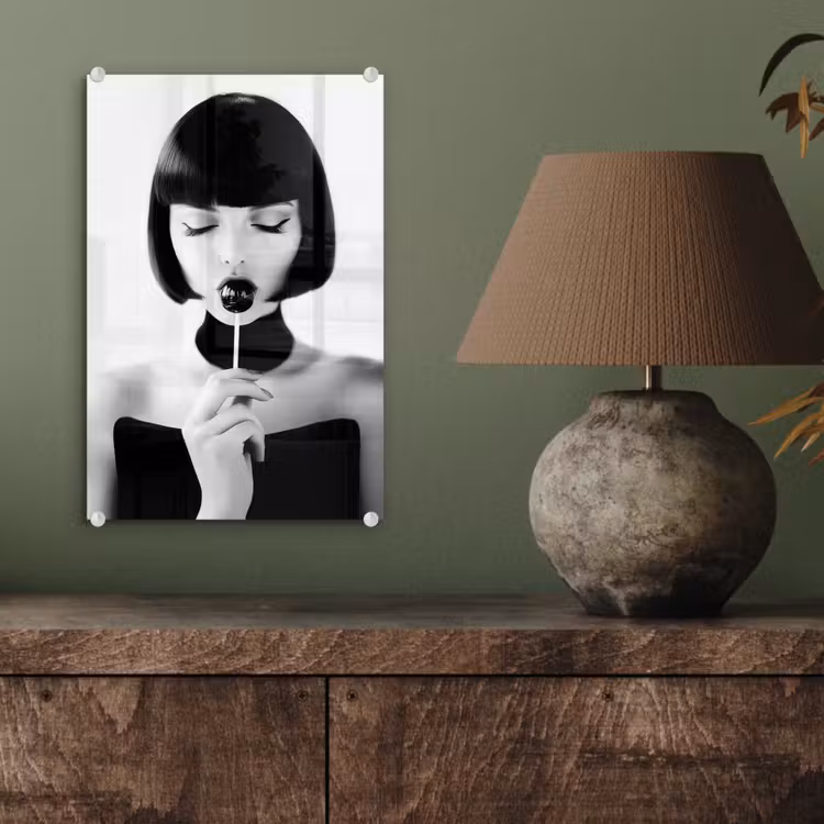 Glas schilderij - Vrouw - Lolly - Zwart - Wit — 4