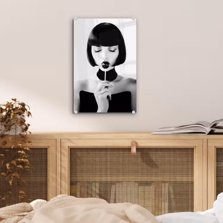 Glas schilderij - Vrouw - Lolly - Zwart - Wit — 5