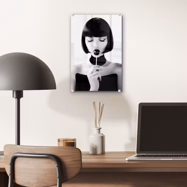 Glas schilderij - Vrouw - Lolly - Zwart - Wit — 7