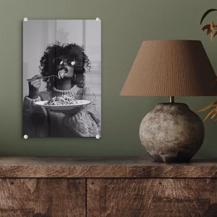 Glas schilderij - Vrouw - Pasta - Zwart - Wit — 4