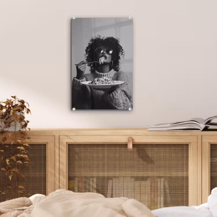 Glas schilderij - Vrouw - Pasta - Zwart - Wit — 5