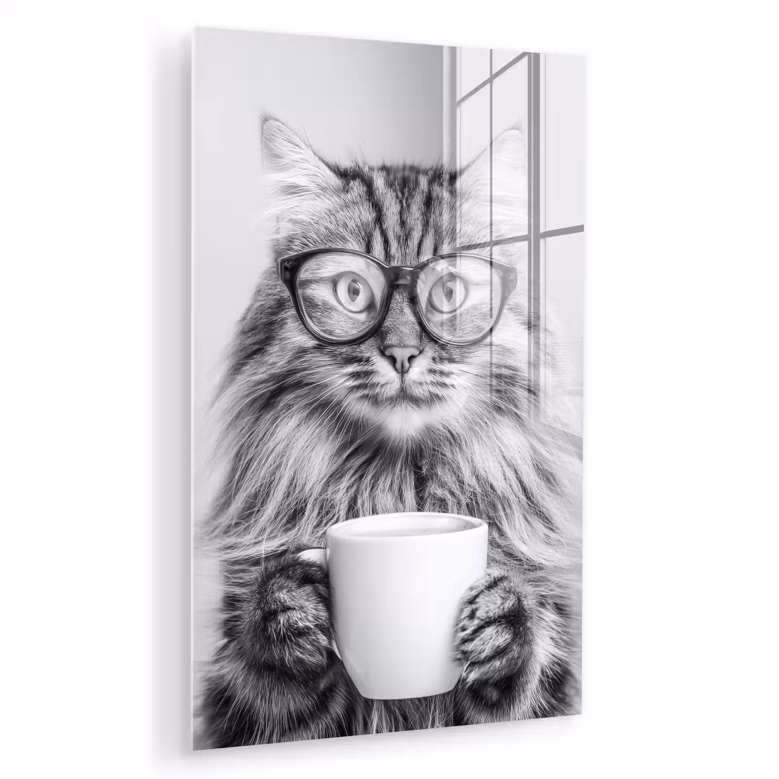 Glas schilderij - Kat - Bril - Mok - Pluizig — 1