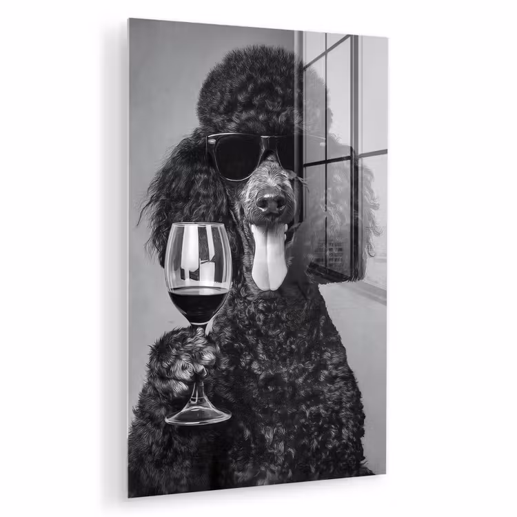 Glas schilderij - Hond - Krullen - Zonnebril - Wijn — 1