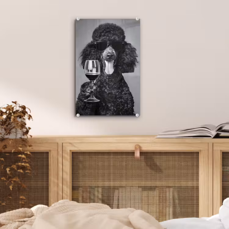 Glas schilderij - Hond - Krullen - Zonnebril - Wijn — 5