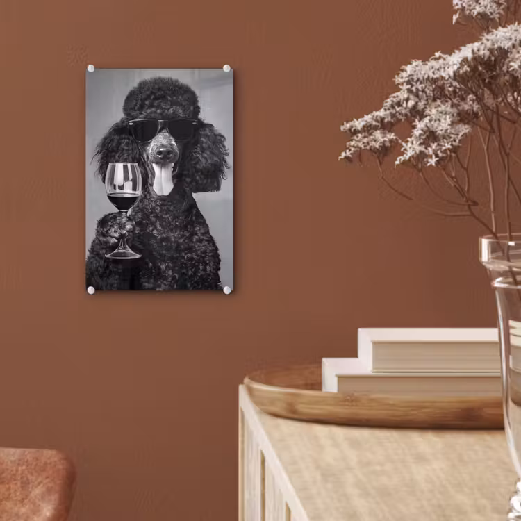 Glas schilderij - Hond - Krullen - Zonnebril - Wijn — 6