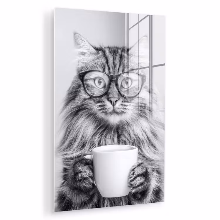 Glas schilderij - Kat - Bril - Mok - Pluizig — 1