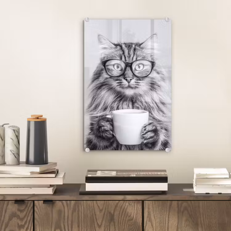 Glas schilderij - Kat - Bril - Mok - Pluizig — 2