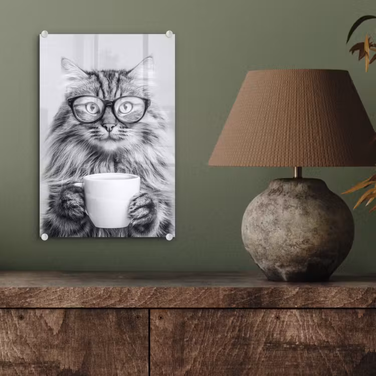 Glas schilderij - Kat - Bril - Mok - Pluizig — 4