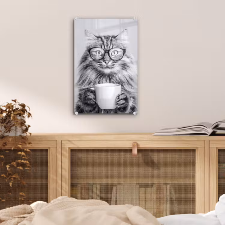 Glas schilderij - Kat - Bril - Mok - Pluizig — 5