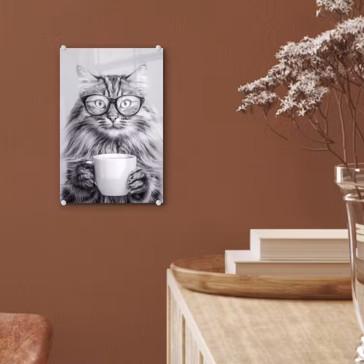 Glas schilderij - Kat - Bril - Mok - Pluizig — 6