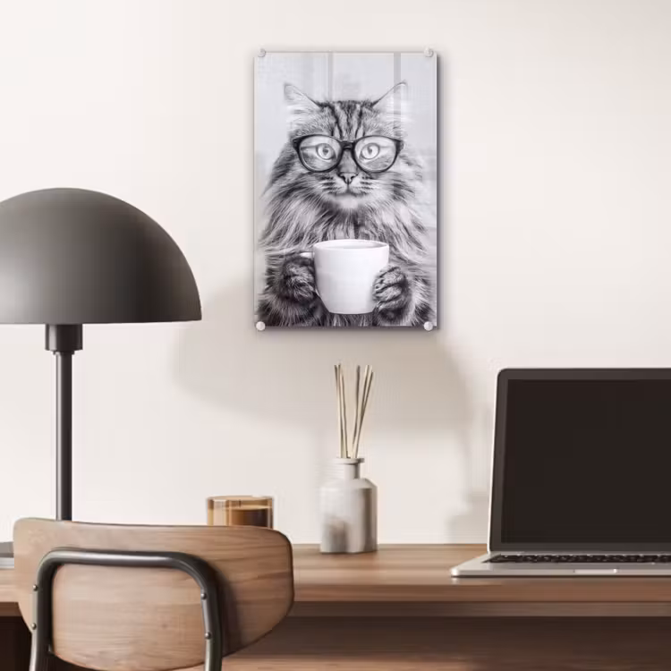 Glas schilderij - Kat - Bril - Mok - Pluizig — 7