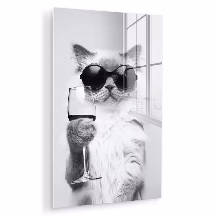 Glas schilderij - Kat - Zonnebril - Wijnglas - Langharig — 1