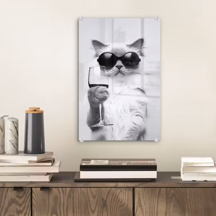 Glas schilderij - Kat - Zonnebril - Wijnglas - Langharig — 2