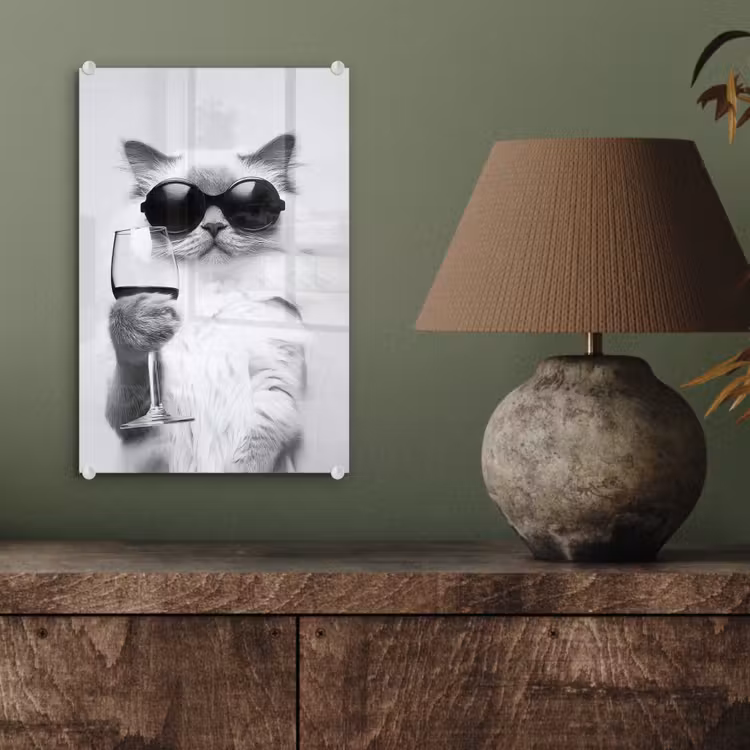 Glas schilderij - Kat - Zonnebril - Wijnglas - Langharig — 4