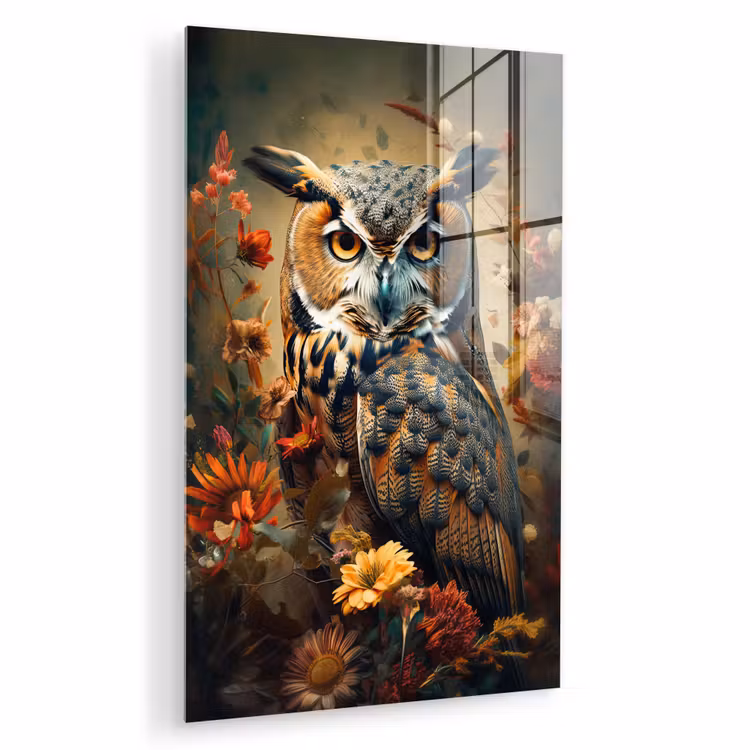 Glas schilderij - Uil - Vogel - Bloemen - Planten - Botanisch — 1