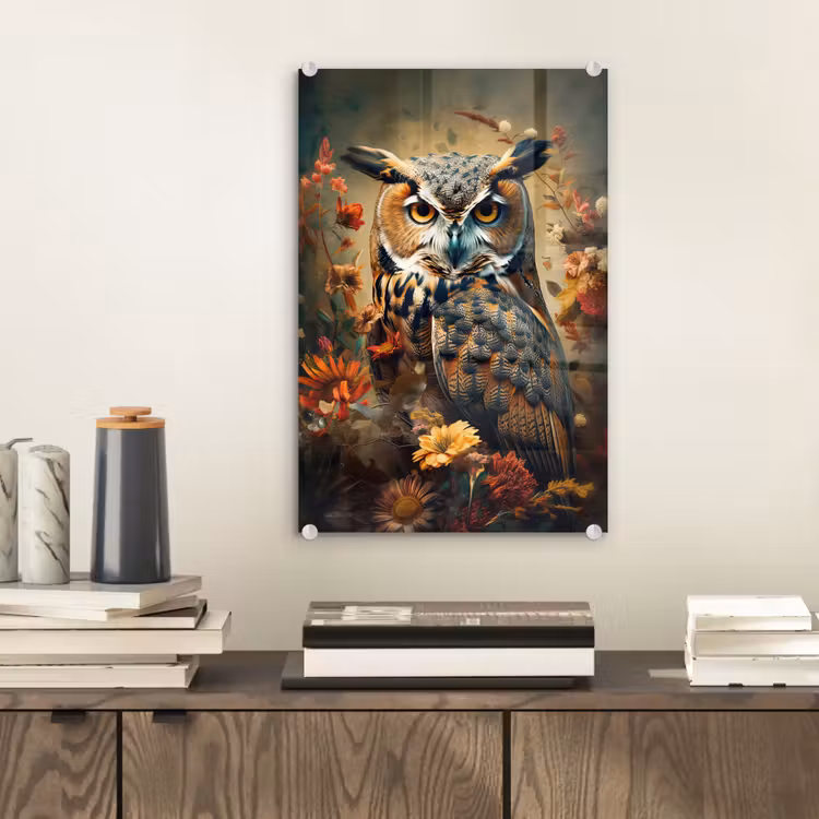 Glas schilderij - Uil - Vogel - Bloemen - Planten - Botanisch — 2