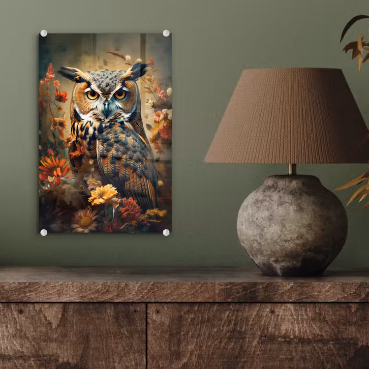 Glas schilderij - Uil - Vogel - Bloemen - Planten - Botanisch — 4
