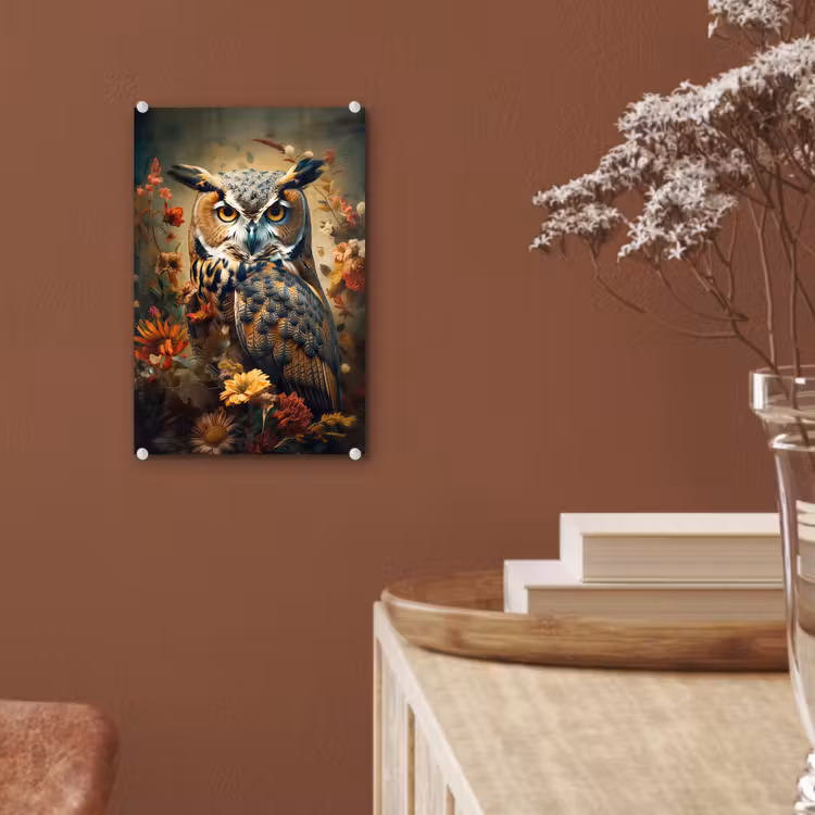 Glas schilderij - Uil - Vogel - Bloemen - Planten - Botanisch — 6