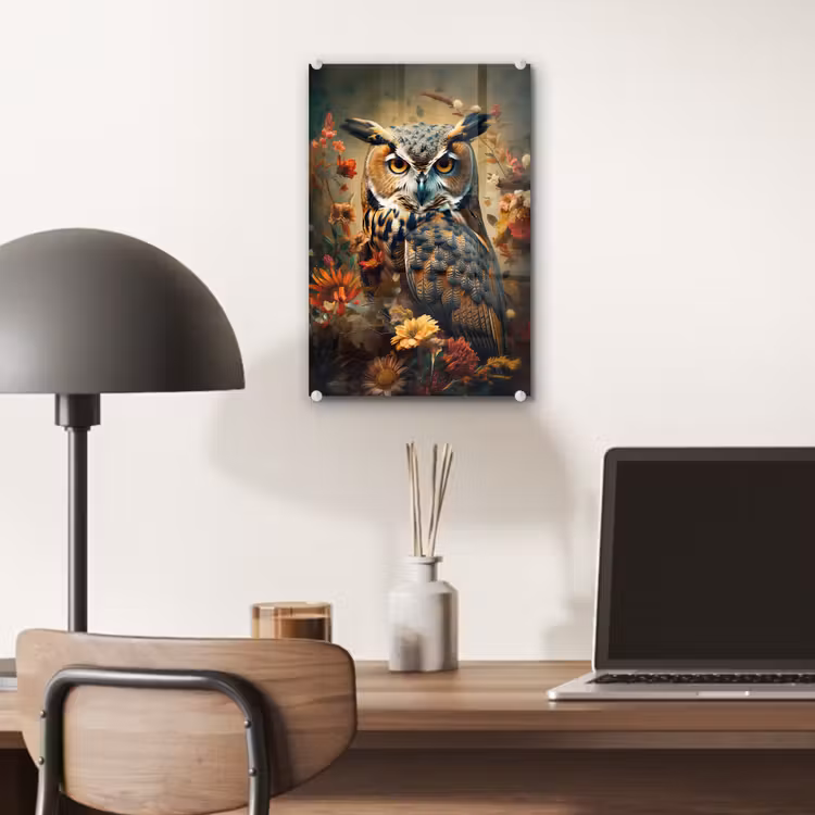 Glas schilderij - Uil - Vogel - Bloemen - Planten - Botanisch — 7