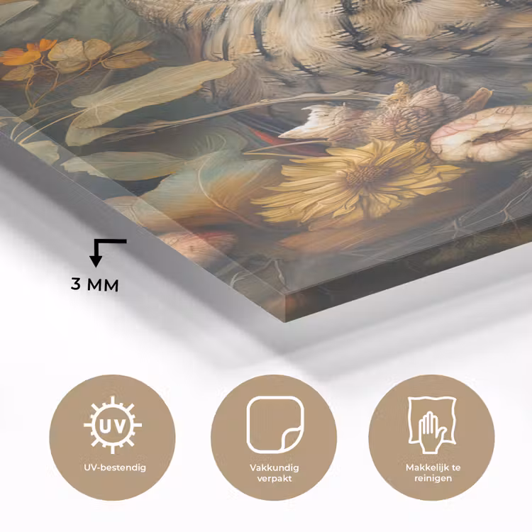 Glas schilderij - Uil - Vogels - Bloemen - Natuur — 3