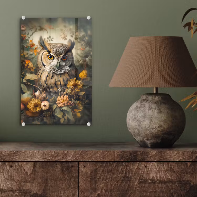 Glas schilderij - Uil - Vogels - Bloemen - Natuur — 4
