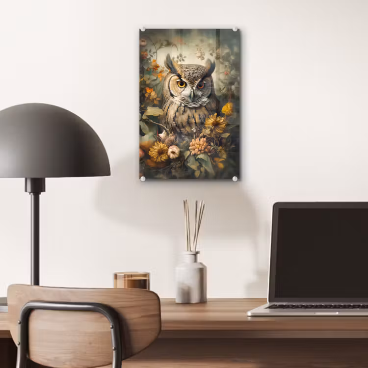 Glas schilderij - Uil - Vogels - Bloemen - Natuur — 7