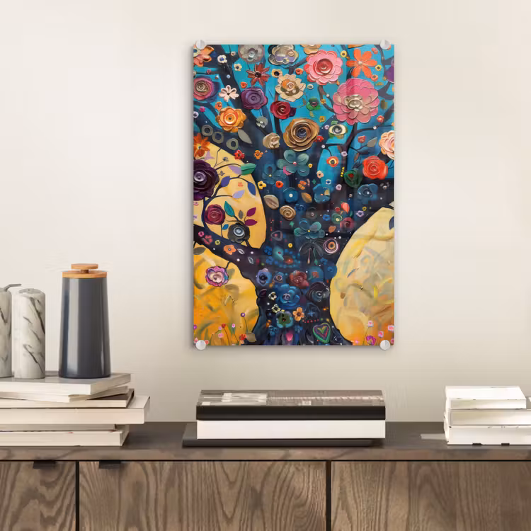 Glas schilderij - Boom - Levensboom - Kleurrijk - Bloemen - Modern — 2