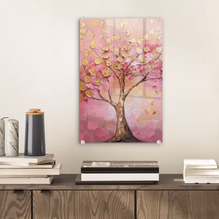 Glas schilderij - Boom - Roze - Goud - Modern — 2