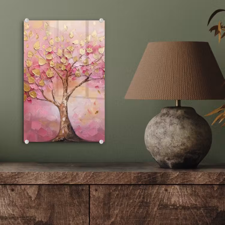 Glas schilderij - Boom - Roze - Goud - Modern — 4