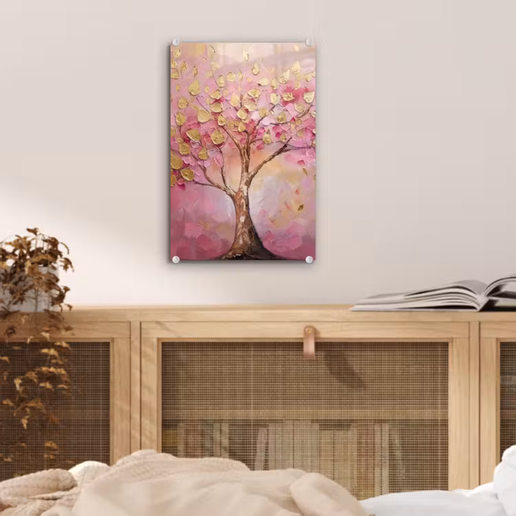Glas schilderij - Boom - Roze - Goud - Modern — 5