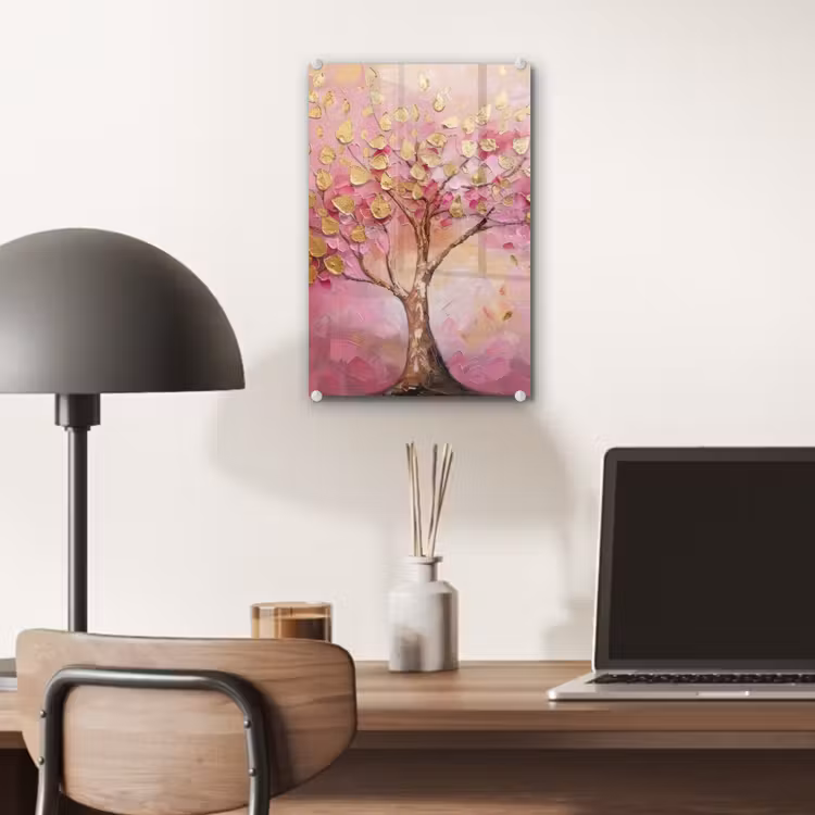 Glas schilderij - Boom - Roze - Goud - Modern — 7