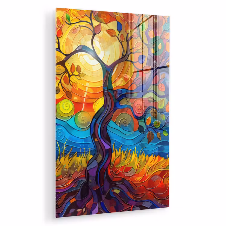 Glas schilderij - Boom - Zon - Verflook - Kleuren - Abstract — 1