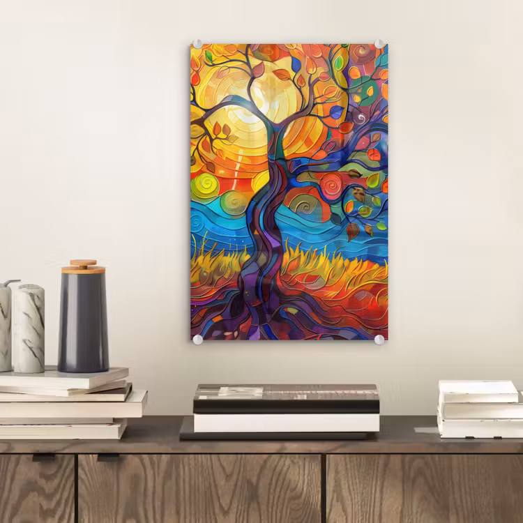 Glas schilderij - Boom - Zon - Verflook - Kleuren - Abstract — 2