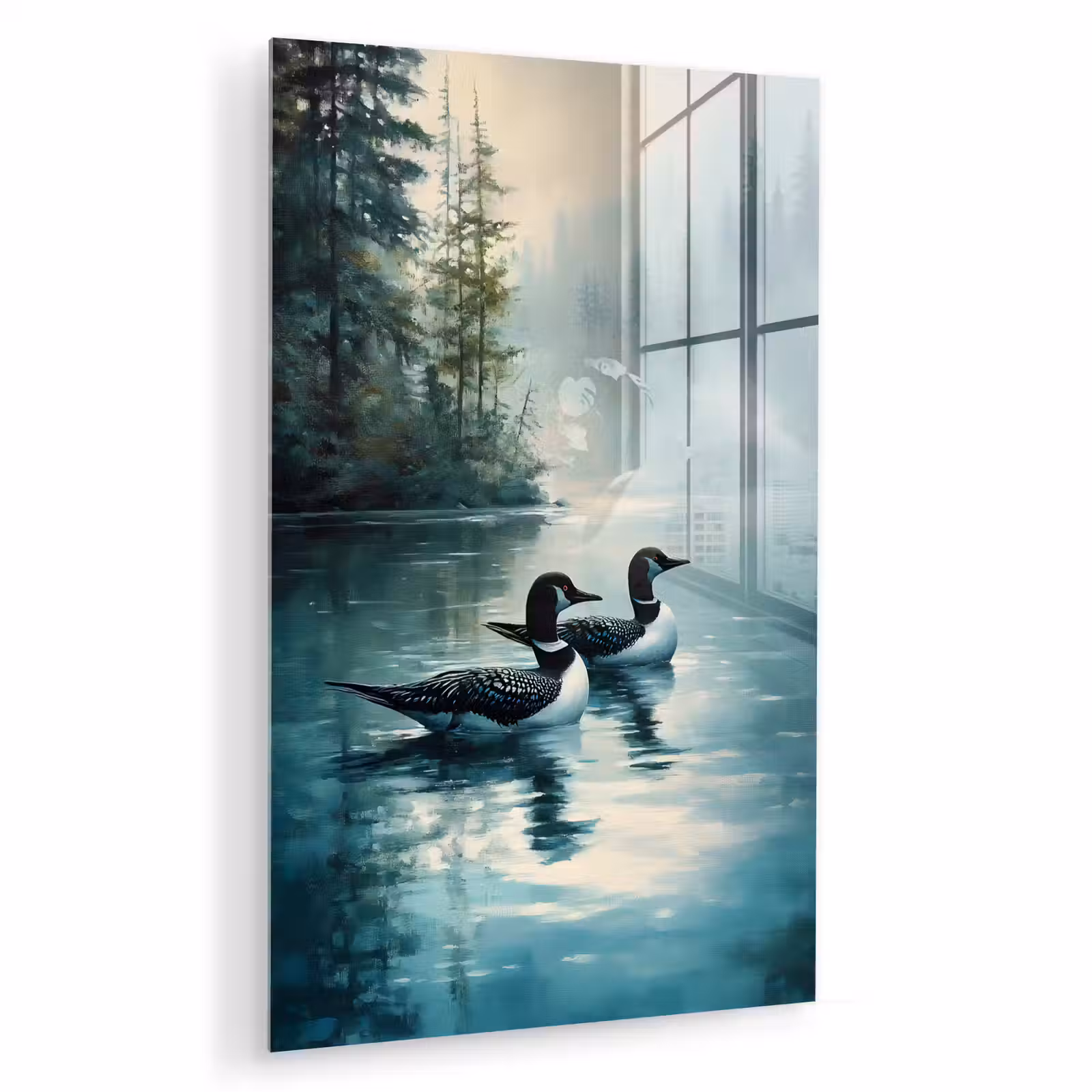 Glas schilderij - Bos - Water - Eenden - Mistig — 1