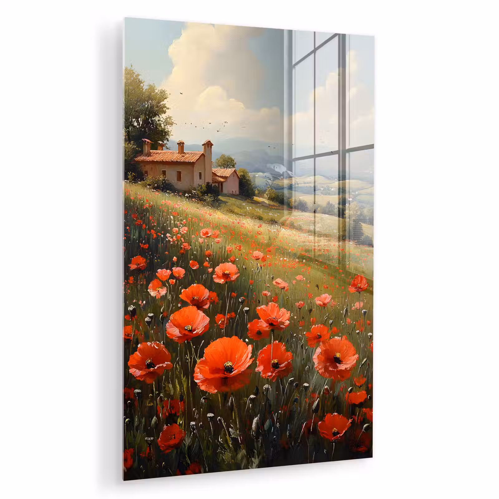 Glas schilderij - Klaprozen - Rood - Heuvels - Landschap — 1