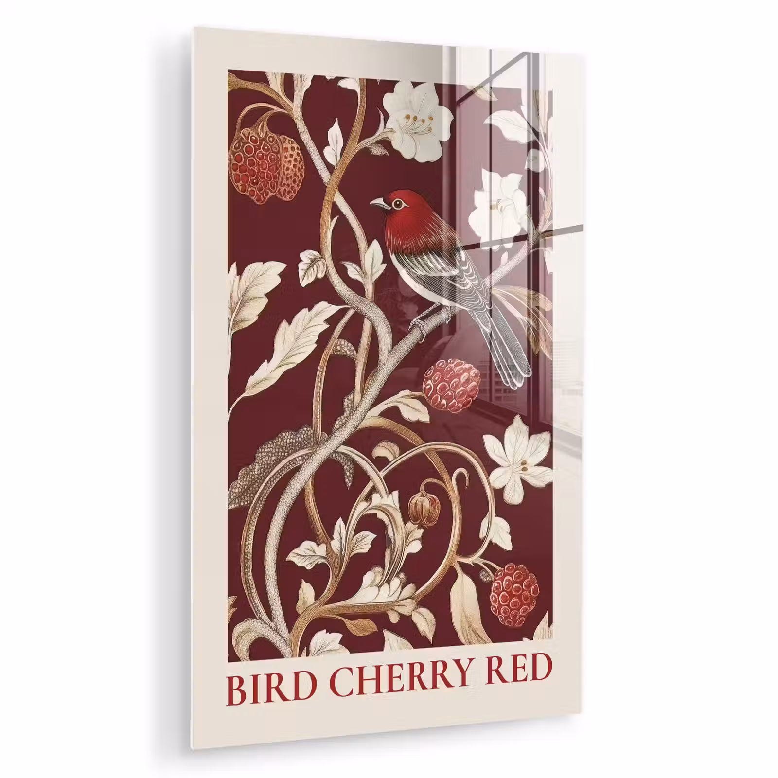 Glas schilderij - Vogel - Bordeaux - Bloemen - Bessen — 1
