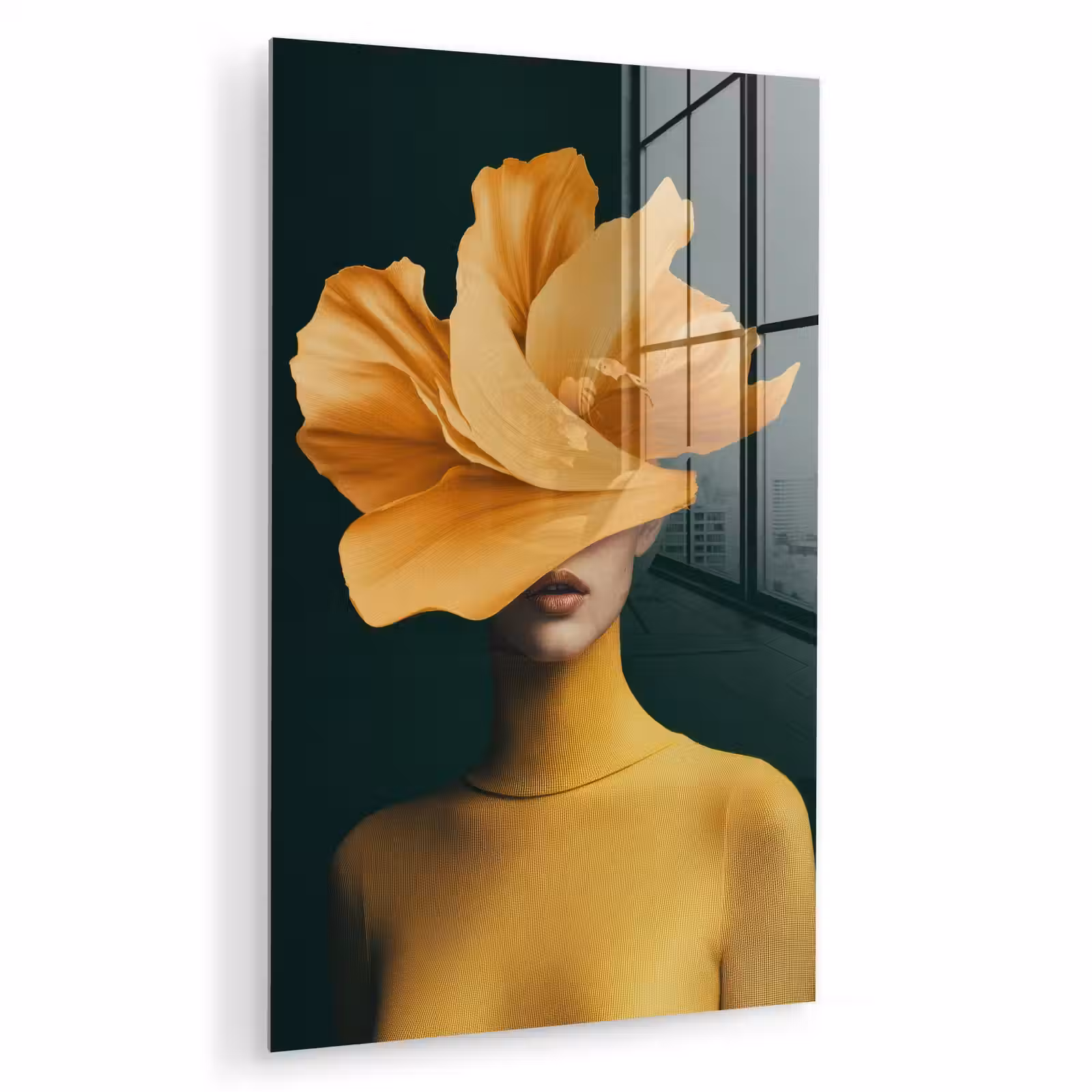 Glas schilderij - Vrouw - Hoed - Geel — 1
