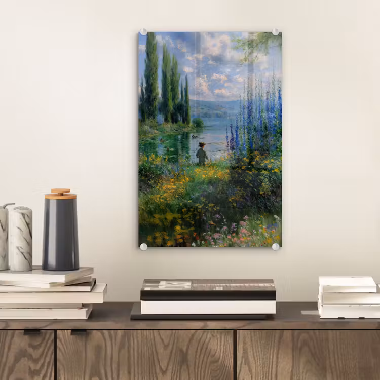 Glas schilderij - Bloemen - Meer - Bergen - Groen — 2
