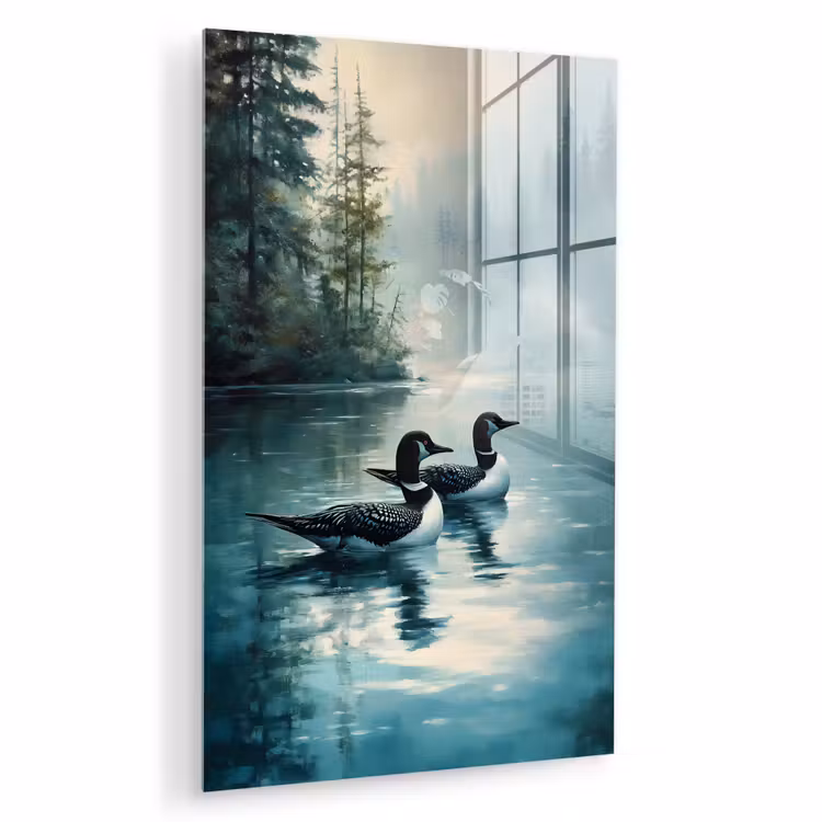 Glas schilderij - Bos - Water - Eenden - Mistig — 1