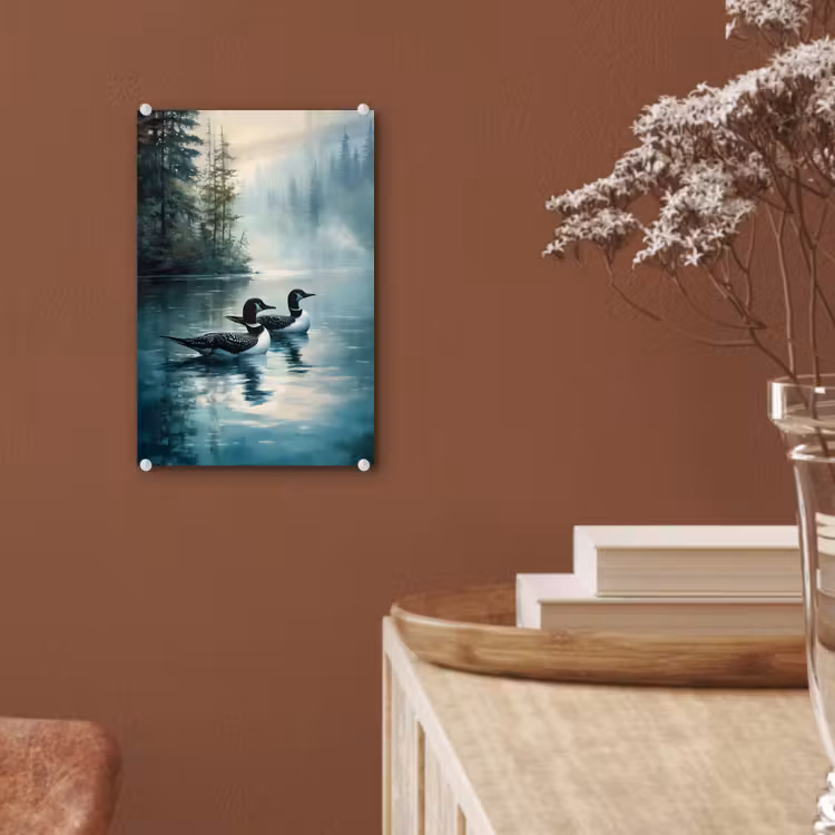 Glas schilderij - Bos - Water - Eenden - Mistig — 6