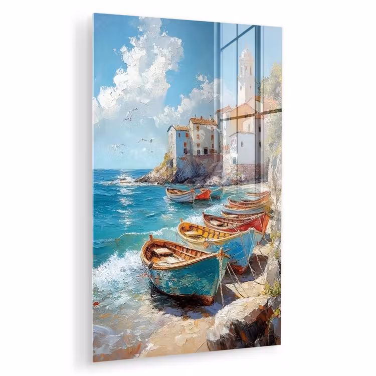 Glas schilderij - Boten - Rotsen - Zee - Zon — 1