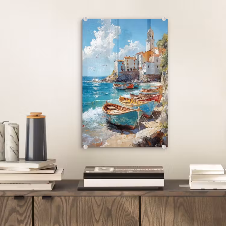 Glas schilderij - Boten - Rotsen - Zee - Zon — 2