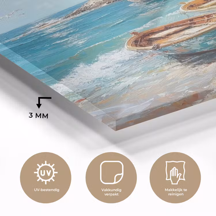 Glas schilderij - Boten - Rotsen - Zee - Zon — 3